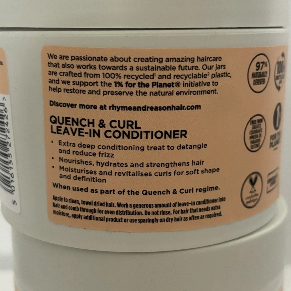 2 Rhyme & Reason Quench & Curl Leave-In Conditioner 10.8oz Tubs Curly Hair Lot